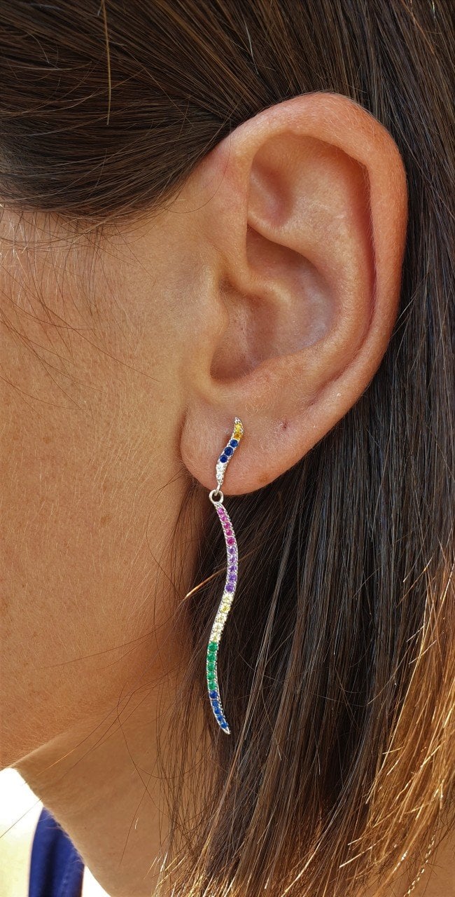 Karışık Renk Zirkon Taşlı Dalgalı Küpe