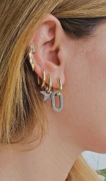 Üçlü Halka Taşlı Çelik Küpe