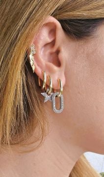 Üçlü Halka Taşlı Çelik Küpe